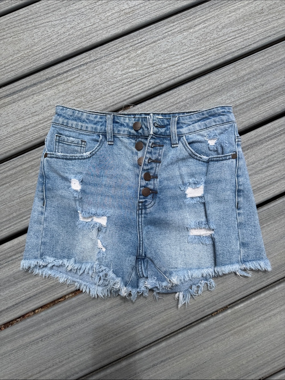 Distressed Light Blue Denim Button-Front Women’s Shorts